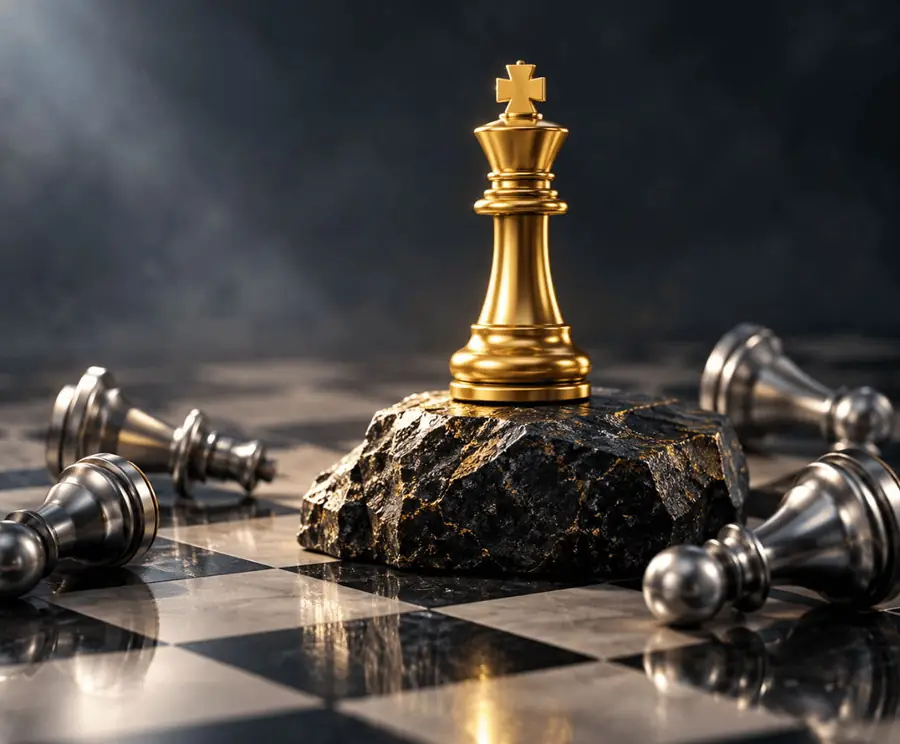 Gold chess king standing over fallen pawns on a chessboard